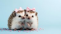 Two adorable hedgehogs wearing pink bows sitting together surrounded by pink heart confetti against light blue background, romantic valentines concept.