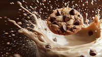 Chocolate chip cookie splashing into creamy milk creating dynamic splash effect with drops and chocolate chips flying in motion against dark background.