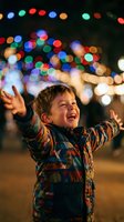 Happy young boy with arms raised celebrating outdoors at night with colorful bokeh lights background creating festive holiday atmosphere for family moments.