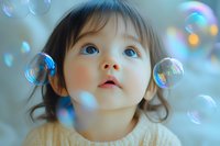 Asian toddler girl with wonder expression watching soap bubbles float around her, wearing yellow sweater against soft blurred background, magical childhood moment.