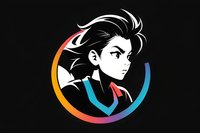 Stylized anime character portrait in circular frame with gradient rainbow arc, side profile of young male with dramatic hair on black background.