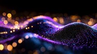 Glowing purple and blue particle wave formation with golden bokeh lights on black background creates futuristic digital landscape effect.