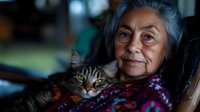 Senior Hispanic woman with gray hair relaxing in armchair while holding and petting striped tabby cat, expressing contentment and companionship in home setting.