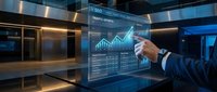 Businessman in suit touching futuristic transparent screen displaying SEO traffic growth chart and analytics data in modern server room.