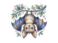 Cute bat hanging upside down with cosmic wings, surrounded by decorative foliage and stars, isolated on white background for design projects.