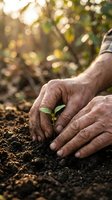 Elderly hands protecting young green seedling sprouting from rich soil with warm sunlight filtering through blurred forest background for environmental care concepts.