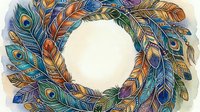 Watercolor wreath of colorful boho feathers with peacock accents, forming a circular frame with copy space for greeting cards and invitations.