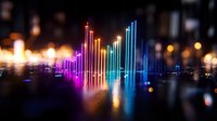 Vibrant glowing audio equalizer bars in rainbow colors reflect on dark surface with bokeh light effects, creating futuristic music visualization display.