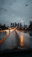 Raindrops on car windshield with blurred city skyline and highway lights creating atmospheric bokeh effect during evening commute.