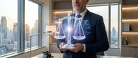 Professional businessman in dark suit holding glowing digital justice scales hologram in modern office with city skyline view representing legal technology.