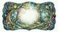 Enchanted fairy tale forest frame with glowing lights, mushrooms, and magical trees forming an arch, watercolor style with copy space.