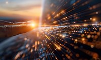 Dramatic light rays burst through dark space creating dynamic motion blur effect with golden bokeh particles and lens flares against deep blue background.