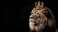Majestic lion wearing golden crown against dark background, symbolizing power, leadership and royal strength in nature for business concepts.
