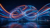 Abstract infinity symbol made of glowing neon light trails in red and blue, flowing over modern city skyline at night for technology and innovation concepts.