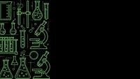 Green laboratory equipment icons on black background with copy space for scientific research and chemistry education materials.