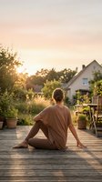 Woman relaxing on wooden deck during golden hour sunset in residential garden with lush greenery and warm atmospheric lighting for wellness content.