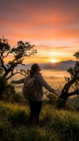 Hiker with backpack standing on mountain peak at sunrise, arms outstretched celebrating achievement, golden sky and misty valley below, adventure and freedom concept for travel and outdoor lifestyle.