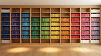 Large wooden bookshelf with colorful books arranged by rainbow spectrum from blue to pink creating organized library wall display for educational spaces.