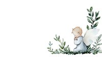 Gentle watercolor illustration of baby angel sitting among green leaves and branches on white background. Soft nursery art style with delicate details.