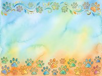 Watercolor background with colorful paw prints border design, ideal for pet-related projects, greeting cards, and animal-themed graphics.