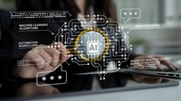 Professional businessman touching futuristic AI interface with digital circuit patterns and data analytics icons on transparent screen technology.