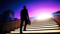 Silhouette of male professional in business suit ascending illuminated staircase at dusk with vibrant purple and pink sky, symbolizing career growth and ambition.
