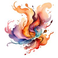 Abstract watercolor splash in vibrant orange, purple and turquoise swirls creating dynamic fluid motion on white background, suitable for modern wall art and design projects.