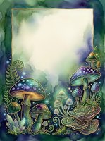 Enchanted forest frame with glowing mushrooms, ferns, and magical woodland elements on watercolor background, perfect for invitations and fantasy designs.