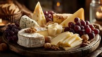 Gourmet cheese board with brie, hard cheeses, red grapes, and mixed nuts on rustic wooden platter, perfect for wine pairing at gatherings.