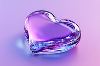 Crystal clear glass heart with purple and blue iridescent reflections on gradient background, romantic symbol of pure love and affection glowing with ethereal light.
