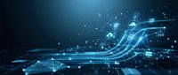 Digital technology network with glowing blue data streams and connected nodes representing modern communication systems and cyber infrastructure.