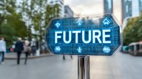 Glowing futuristic digital sign displaying "FUTURE" text with technological elements, floating against blurred urban cityscape background with people walking.