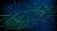 Abstract digital circuit board pattern with glowing blue and green lines on dark background for technology and electronics design projects.