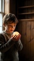 Young Caucasian boy in gray sweater holding glowing orb of light in cozy library room with warm atmospheric lighting for fantasy storytelling concepts.