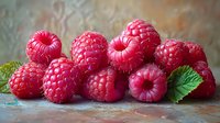 Fresh ripe red raspberries with green leaf on rustic background. Macro shot of juicy berries showing detailed texture and natural lighting for food photography.