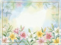 Watercolor lily flowers frame with soft pastel colors and delicate botanical elements creating elegant border design for spring greeting cards and invitations.