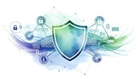 Digital shield protecting data with cybersecurity icons and binary code on abstract tech background for network protection concepts.