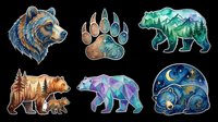 Watercolor bear head with blue and gold tones, animal paw print with earth tones, geometric green bear silhouette, forest landscape bear, purple geometric bear, and night sky bear with moon and stars. Isolated on transparent background, ready for t-shirts, stickers, clipart, and print-on-demand designs.