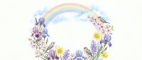 Watercolor spring flower wreath with rainbow arc on white background. Floral frame with purple iris, cherry blossoms and yellow daffodils for greeting cards.