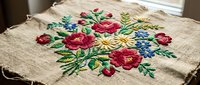 Traditional folk embroidery with colorful floral motifs on natural linen fabric featuring roses and decorative stitching for handicraft and textile design projects.