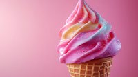 Swirled soft serve ice cream in waffle cone featuring pink, yellow and purple pastel colors with sparkly sugar crystals against pink background. Perfect for dessert advertising.