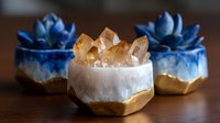 Geometric resin art planters with crystal formations in gold and deep blue colors on wooden surface, featuring white quartz-like elements and metallic accents.