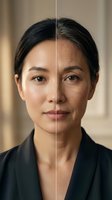 Split screen comparison showing Asian woman aging process from young to mature with wrinkles and gray hair for skincare and anti-aging concepts.