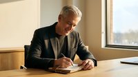 Senior man with gray hair and light skin tone, wearing dark blazer over casual shirt, writing in notebook at wooden desk by window in bright office setting. Professional, focused businessman taking notes.