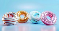 Colorful glazed donuts in pastel pink, orange, and blue tones arranged in row on light blue background. Sweet dessert food photography with soft lighting.