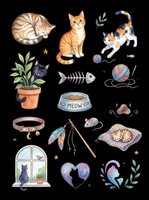 Watercolor cat clipart set with cute cats, toys, and accessories isolated on transparent background. Great for stickers, t-shirt design, print on demand, and sublimation.