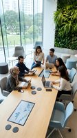 Diverse business team collaborating in modern eco-friendly office with living wall and city view during productive meeting session.