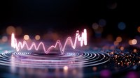 Glowing sound wave visualization with concentric circles on dark background with bokeh lights, creating futuristic audio technology concept.