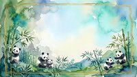 Watercolor panda family playing in bamboo forest with decorative golden frame border. Cute baby pandas and adults in natural habitat for nursery decor.