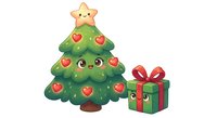 Cute kawaii Christmas tree with heart ornaments and smiling gift box, cartoon style holiday characters isolated on white background for festive designs.